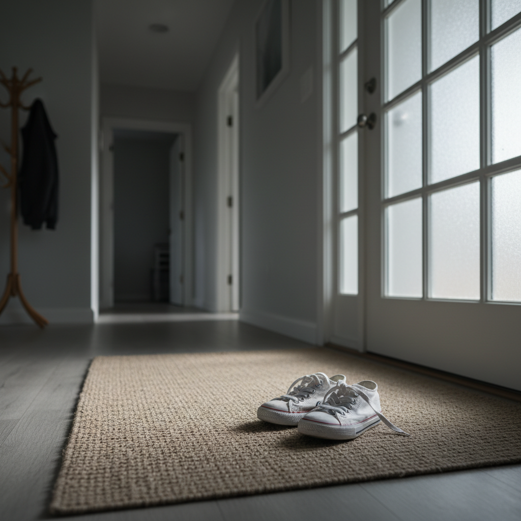 A single, small pair of worn children’s sneakers neatly placed on a wide, empty entryway mat beside a closed front door. The sneakers are scuffed white canvas with faded blue laces, tilted slightly inward as if they were just taken off. The hallway is minimalist, with cool-toned walls, a simple coat rack with only one jacket hanging, and distant rooms fading into soft blur. Late afternoon light filters through the frosted glass of the door, creating gentle, diffused highlights and quiet shadows. Photographed in realistic style from a low, three-quarter angle using the rule of thirds, the composition feels still and introspective, symbolizing an only child’s isolation in the midst of parental separation and alienation.