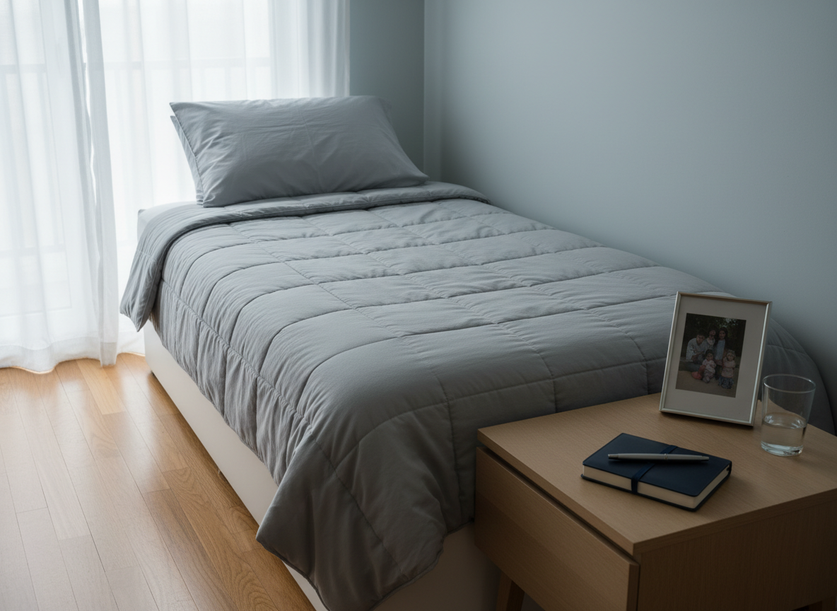 A small, neatly made single bed with a soft gray quilt and one indented pillow, positioned against a pale blue wall in a quiet bedroom. On the bedside table rests a framed family photo turned face down, beside an untouched glass of water and a closed journal with a pen laid precisely across it. Overcast daylight seeps through sheer curtains, casting muted, elongated shadows across the wooden floor. Shot at eye level in photographic realism with a shallow depth of field, the bed and photo dominate the frame. The mood is reflective and somber, suggesting emotional distance and parental alienation without showing any people, in a clean, modern, professional aesthetic.