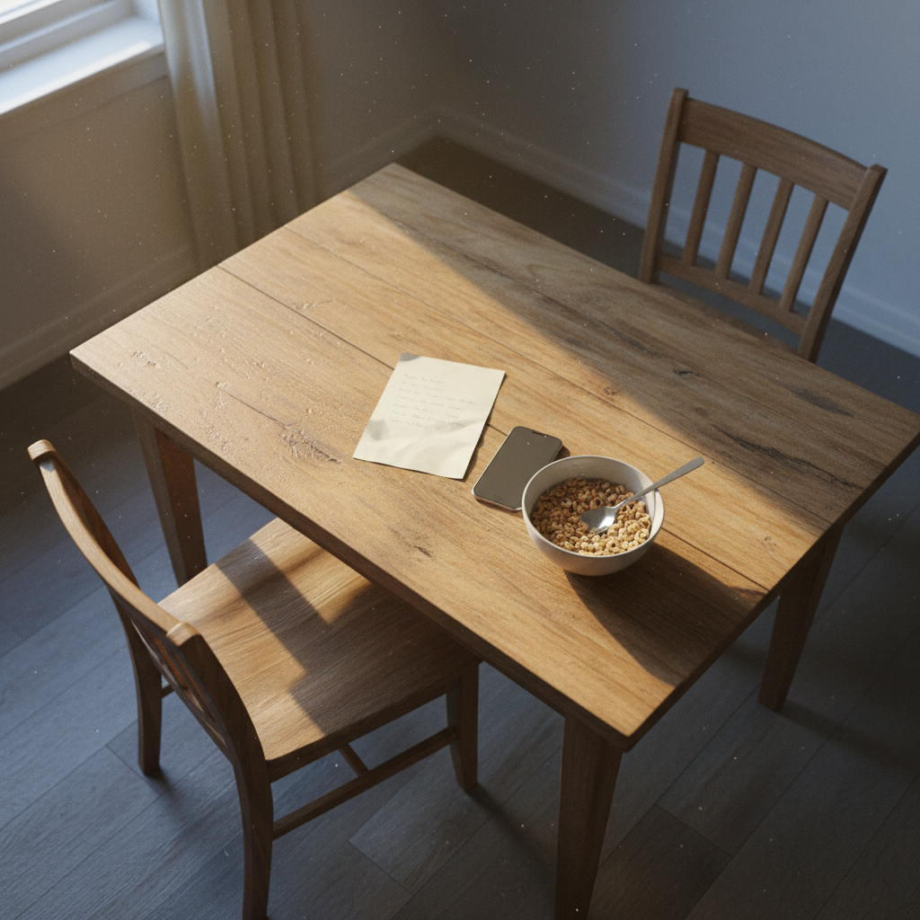 A wooden kitchen table with two empty chairs pushed slightly apart, one chair pulled back as if someone left mid-conversation. At the center of the table lies a single, slightly crumpled handwritten letter and a muted smartphone face down beside it. A lone cereal bowl with a spoon sits at one place setting, untouched. Morning light streams through a nearby window, illuminating dust particles in the air and casting long, soft shadows across the table’s grain. Captured in photographic realism with an overhead three-quarter angle, the scene feels quiet and tense, evoking themes of parental alienation, unspoken messages, and the emotional weight of an only-child family dynamic without depicting any people.