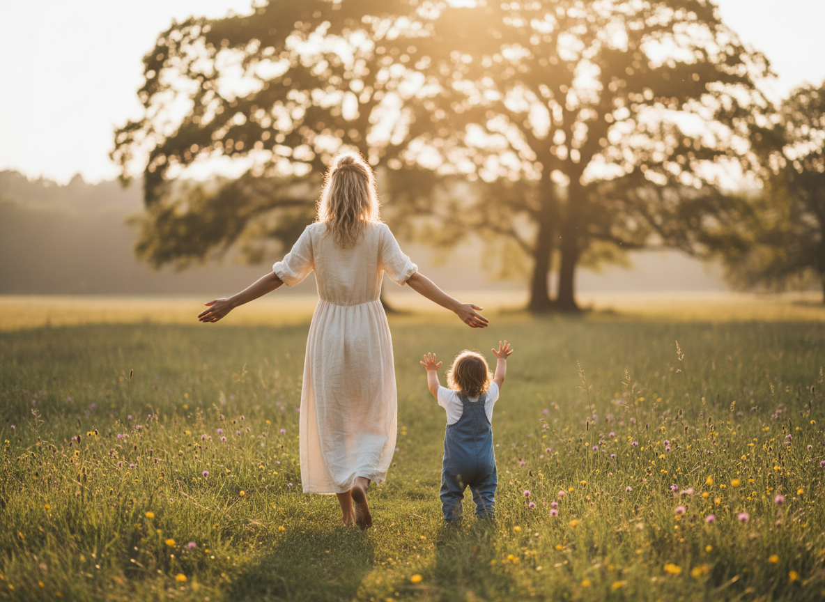 A slim mother with blonde hair walking toward a young child to pick them up, seen from behind, warm and tender moment, soft natural light, realistic style